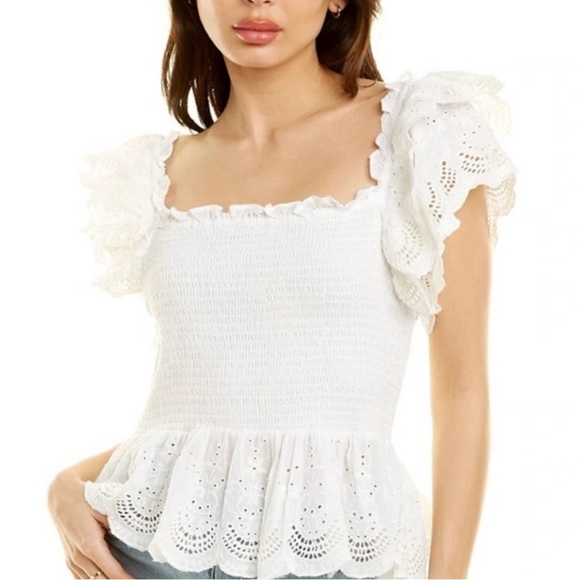 Jennifer & Grace Smocked Eyelet Lace Ruffle Girly Coquette Summer Top Size M - Picture 8 of 9